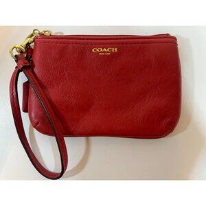 Coach New York Red Leather Wristlet Clutch Bag Gold Hardware 6" X 4"